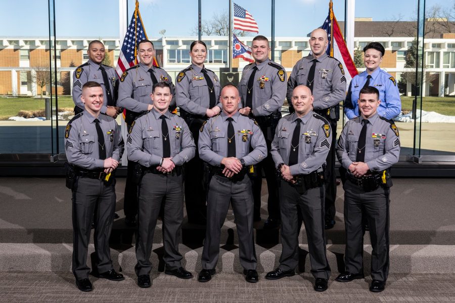 Please join us in congratulating the newly promoted members of the Ohio State Highway Patrol. Back row (L-R): Sergeant Darius Patterson, Lieutenant Jacob Landis, Lieutenant Bridget Matt, Lieutenant Cristian Perrin, Sergeant Benjamin Barnard, and Courtney Franklin. Front row (L-R): Sergeant Jacob McGill, Sergeant Brian Parsons, Staff Lieutenant Todd Roberts, Sergeant Seth Oszust and Sergeant Jeremy Border.