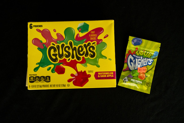 Left - Legitimate Gushers candy; Right - Intoxicating hemp product packaged similarly to Gushers candy