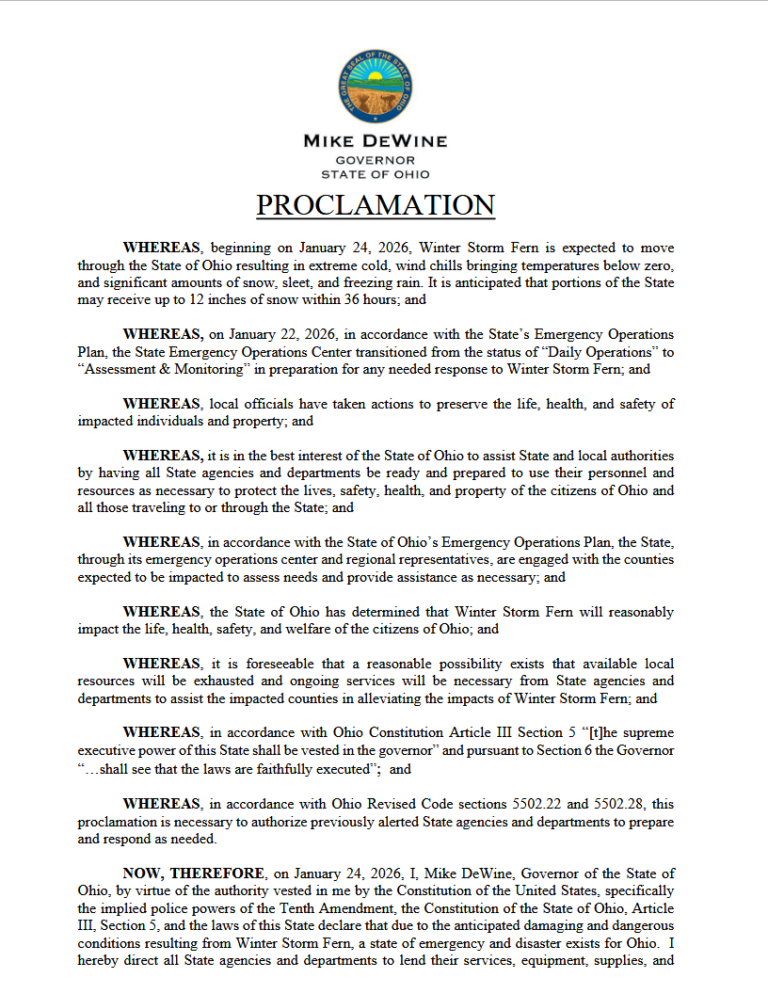 Governor DeWine Issues Proclamation Declaring State of Emergency in Ohio
