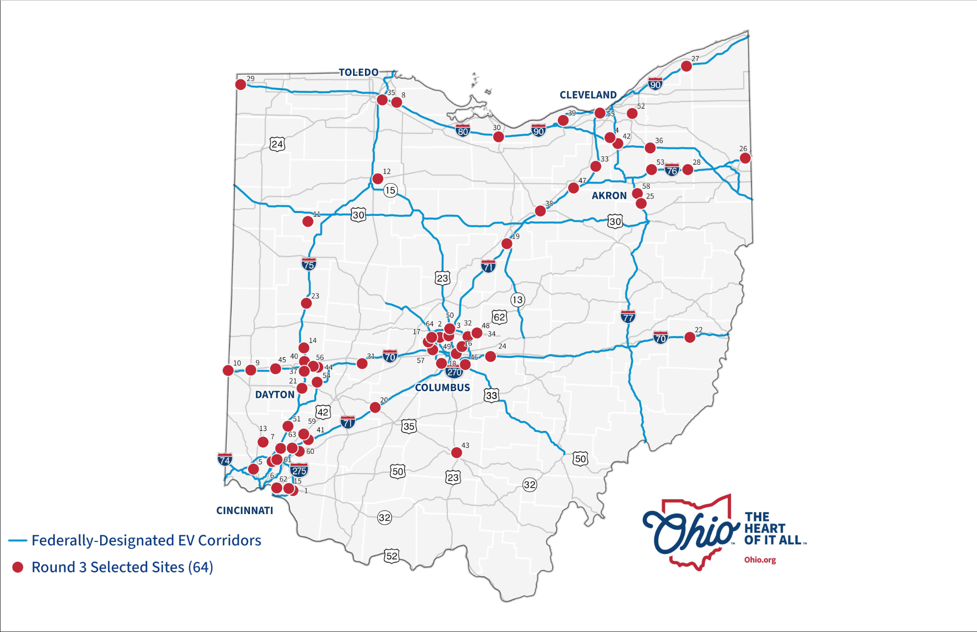 ODOT Announces 64 New EV Charging Station Locations Across Ohio, $51 Million Investment Planned